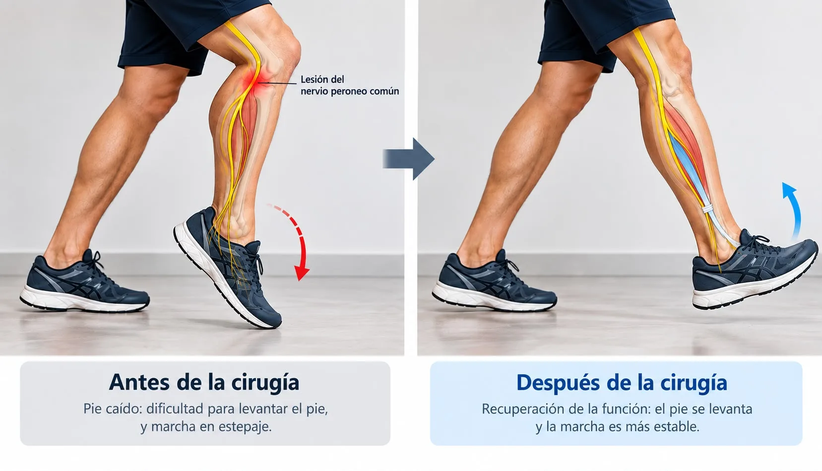 Comparativa antes y después de cirugía de pie caído: lesión del nervio peroneo con marcha en estepaje y transferencia tendinosa